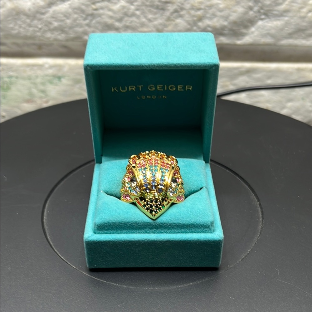 Kurt Geiger Eagle Ring Multi Colored Crystals Set In 18k Gold Plated Over Brass. - Picture 3 of 7